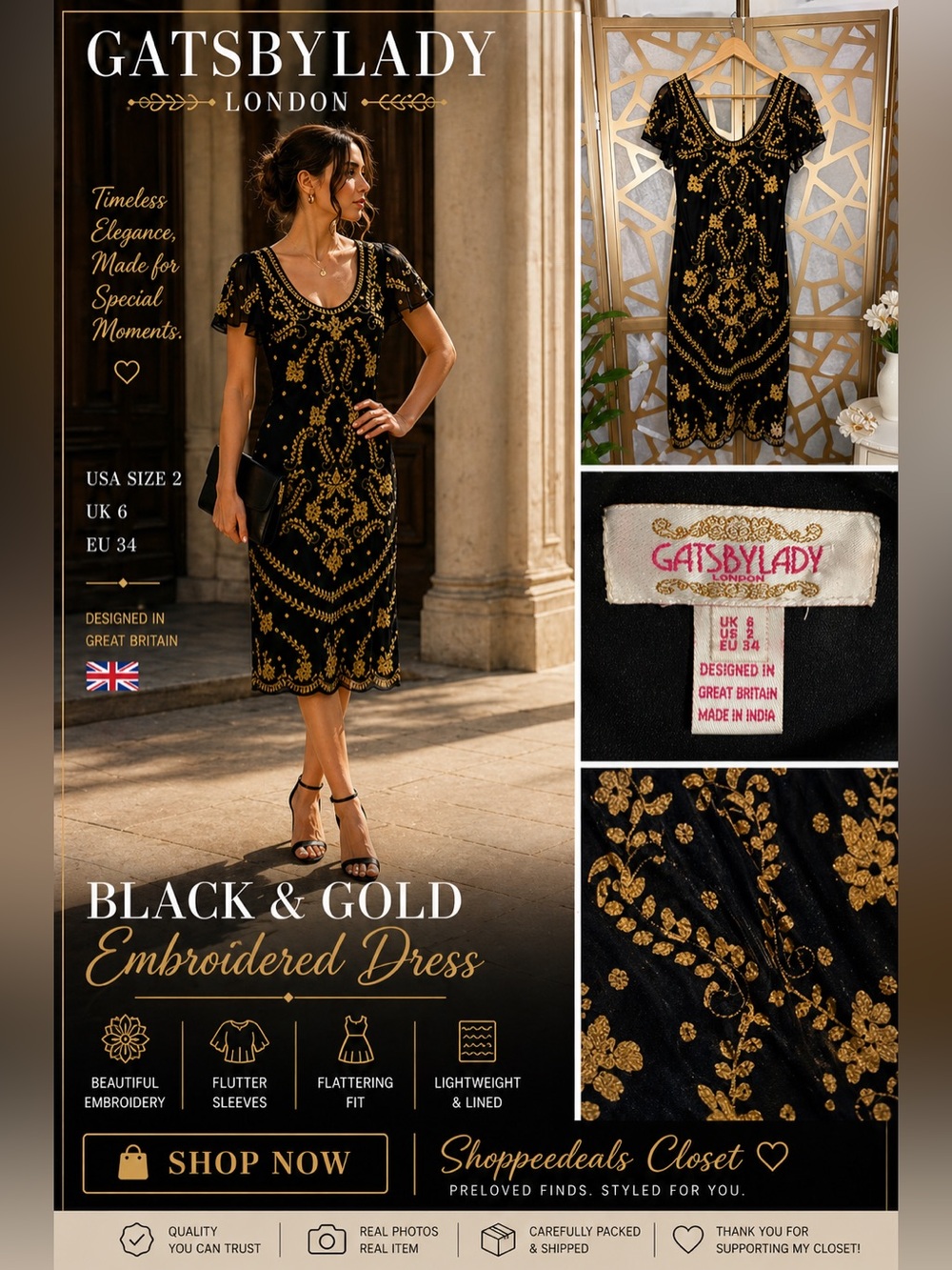 Gatsbylady London Black & Gold Embroidered Dress UK 8 US 4 EU 36